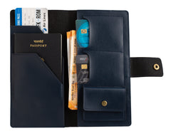 AICA Personalized Name & Charm Long Leather Wallet Passport Cover with Passport, Boarding Pass, Currency, Card Slot & Coin Holder for Men & Women (Navy Blue)