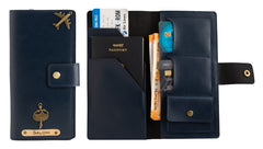 AICA Personalized Name & Charm Long Leather Wallet Passport Cover with Passport, Boarding Pass, Currency, Card Slot & Coin Holder for Men & Women (Navy Blue)