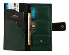 AICA Personalized Name & Charm Long Leather Wallet Passport Cover with Passport, Boarding Pass, Currency, Card Slot & Coin Holder for Men & Women (Dark Green)