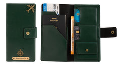 AICA Personalized Name & Charm Long Leather Wallet Passport Cover with Passport, Boarding Pass, Currency, Card Slot & Coin Holder for Men & Women (Dark Green)