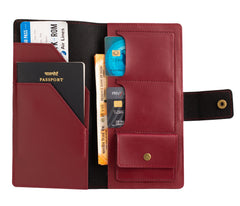 AICA Personalized Name & Charm Long Leather Wallet Passport Cover with Passport, Boarding Pass, Currency, Card Slot & Coin Holder for Men & Women (Wine)