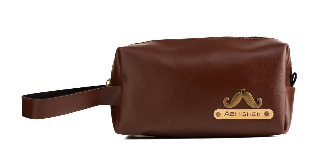 AICA Faux Leather Personalized Name & Charm Toiletry Bag/Pouch for Men & Women|Travel Shaving Makeup Cosmetic Accessories Kit Toiletries Organizer Pouch Bag (Dark Brown)