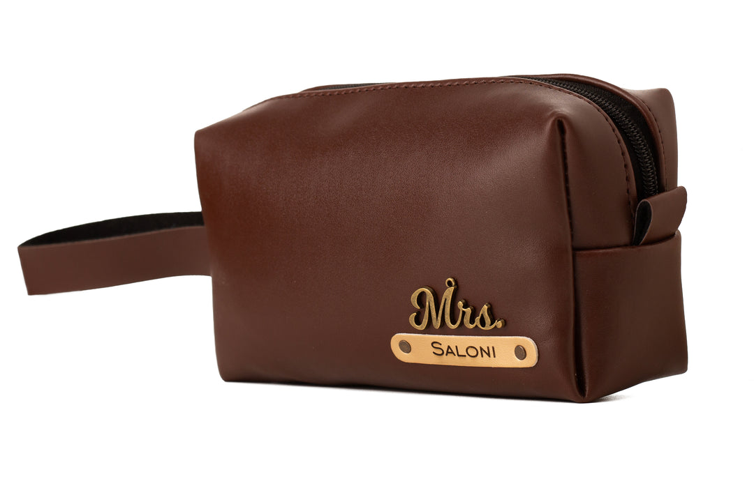 AICA Faux Leather Personalized Name & Charm Toiletry Bag/Pouch for Men & Women|Travel Shaving Makeup Cosmetic Accessories Kit Toiletries Organizer Pouch Bag (Dark Brown)