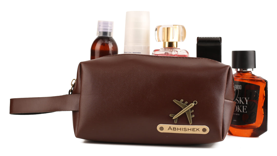 AICA Faux Leather Personalized Name & Charm Toiletry Bag/Pouch for Men & Women|Travel Shaving Makeup Cosmetic Accessories Kit Toiletries Organizer Pouch Bag (Dark Brown)