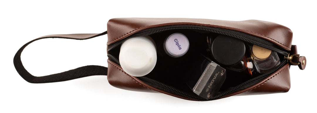 AICA Faux Leather Personalized Name & Charm Toiletry Bag/Pouch for Men & Women|Travel Shaving Makeup Cosmetic Accessories Kit Toiletries Organizer Pouch Bag (Dark Brown)