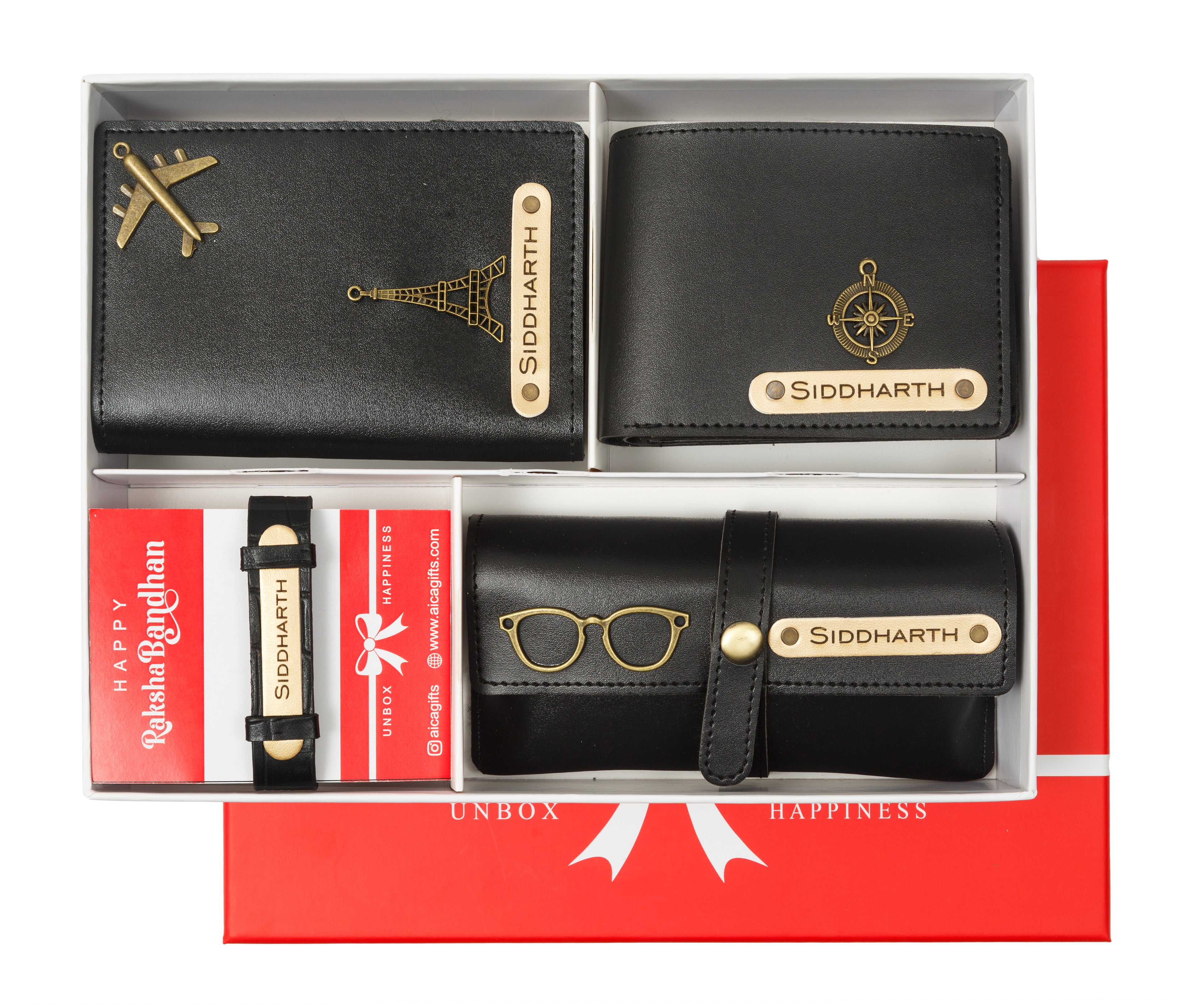 AICA Personalized Name Leather Men's Rakhi Combo for Brother ( Black )