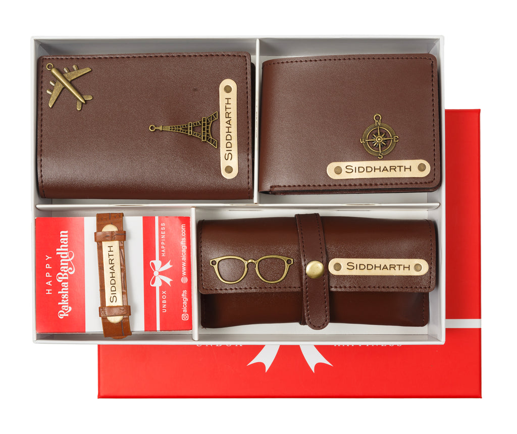 AICA Personalized Name Leather Men's Rakhi Combo for Brother ( Dark Brown )