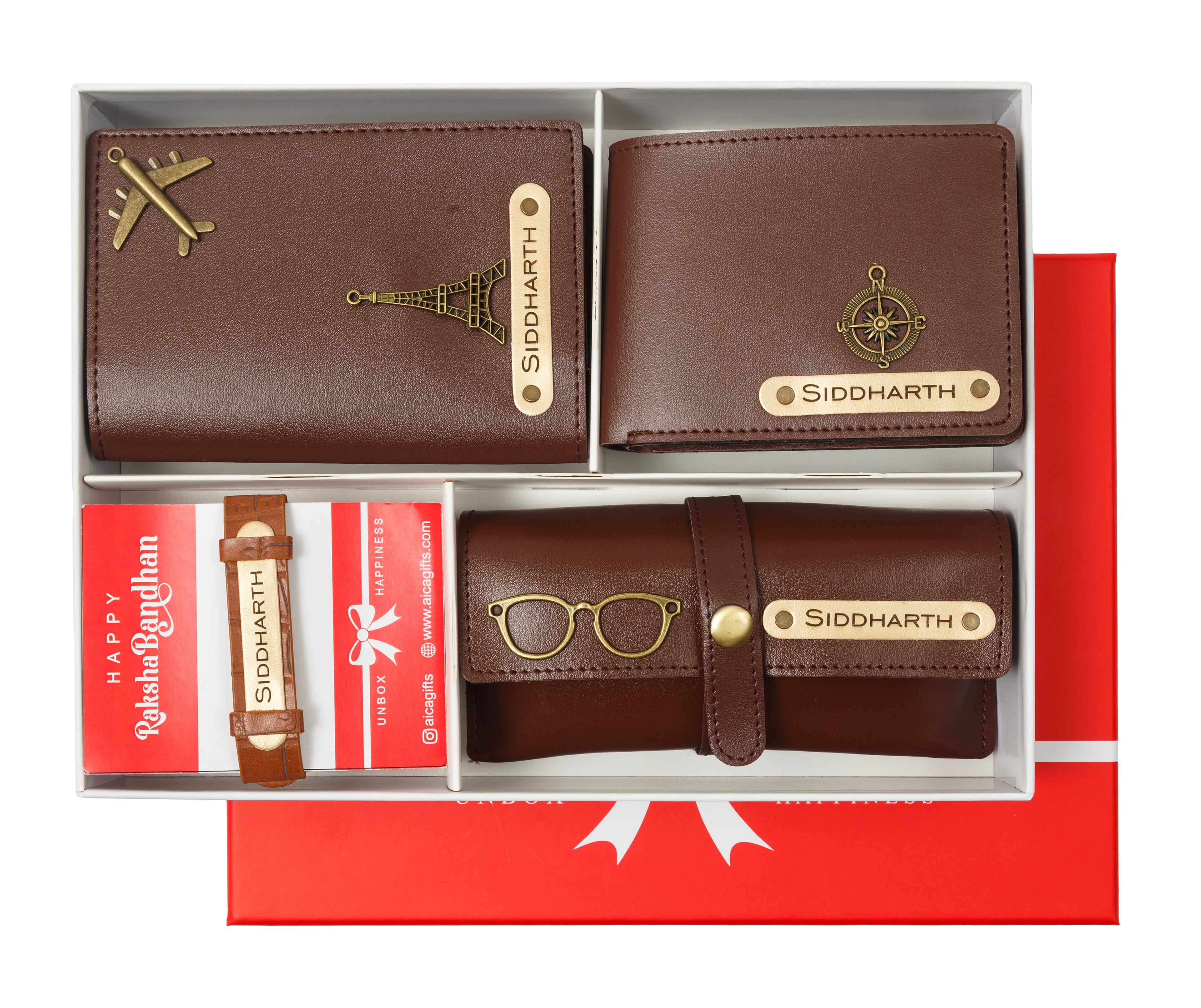 AICA Personalized Name Leather Men's Rakhi Combo for Brother ( Dark Brown )