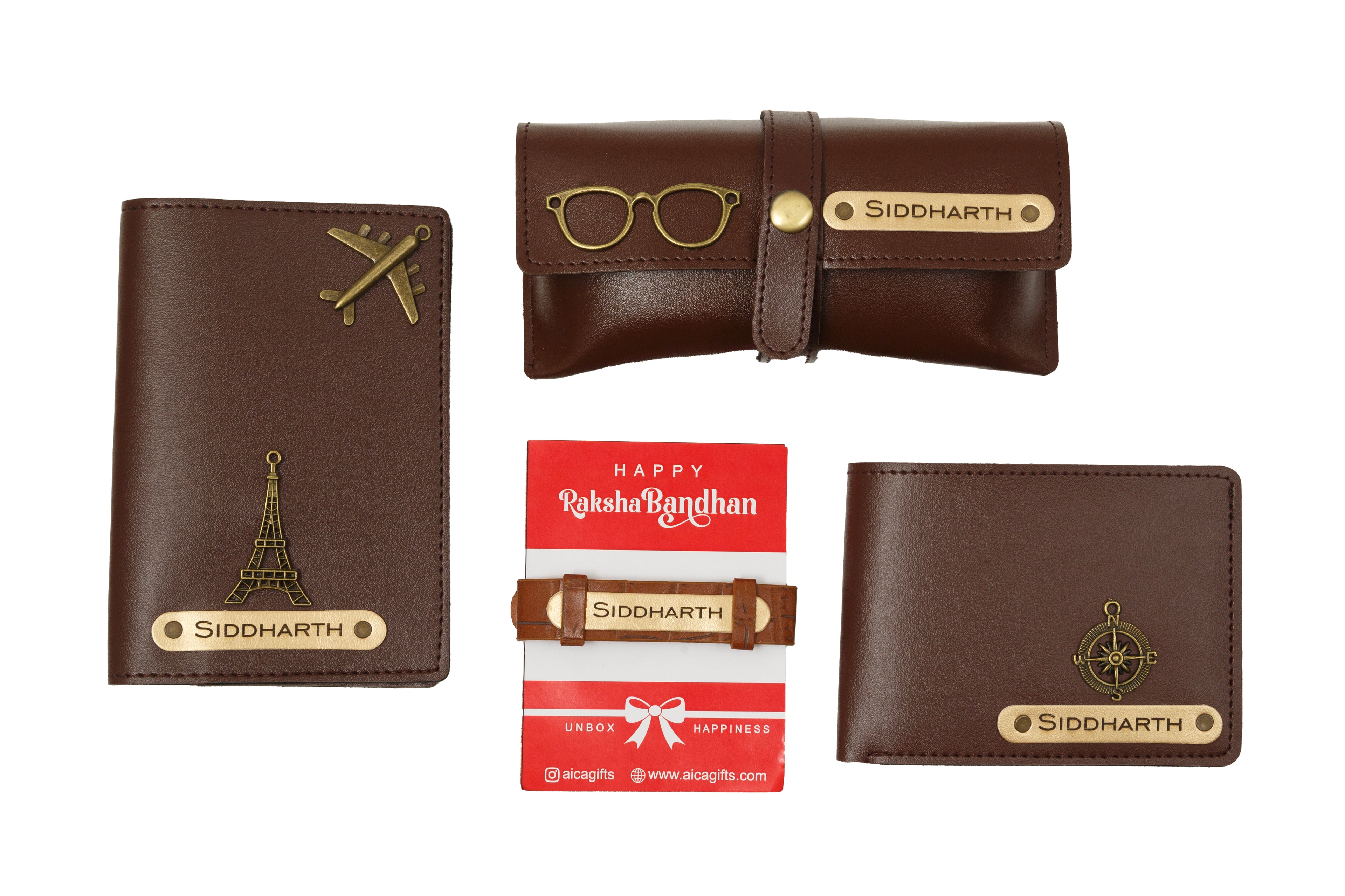 AICA Personalized Name Leather Men's Rakhi Combo for Brother ( Dark Brown )