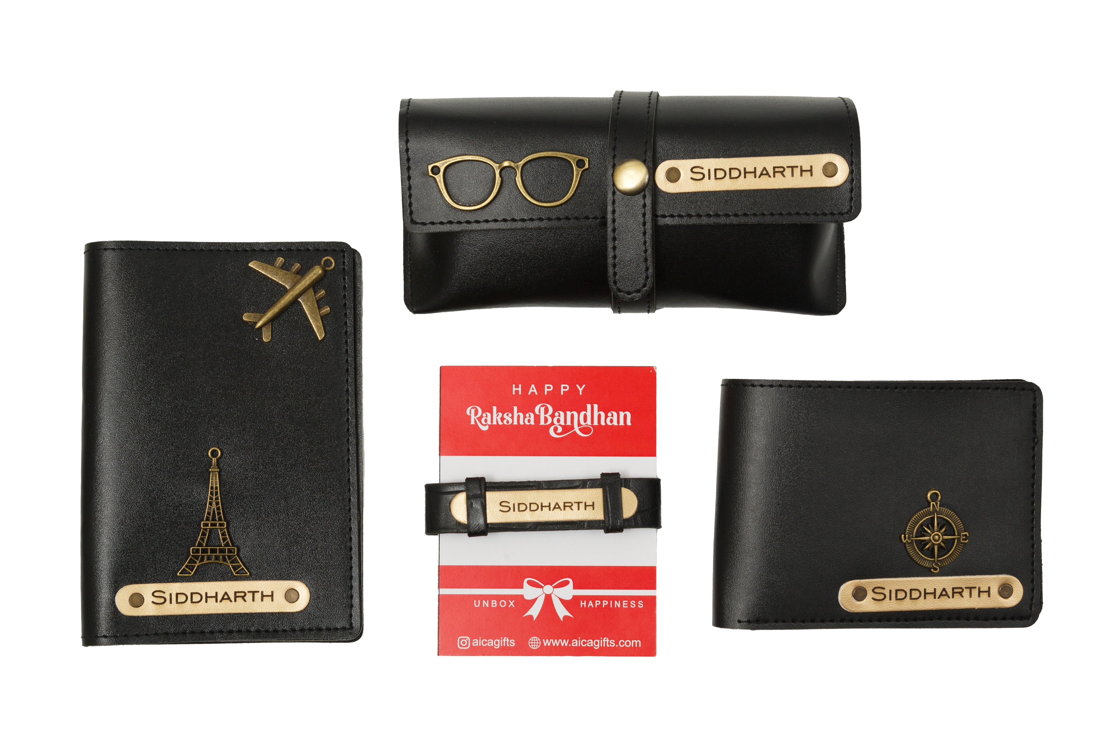 AICA Personalized Name Leather Men's Rakhi Combo for Brother ( Black )