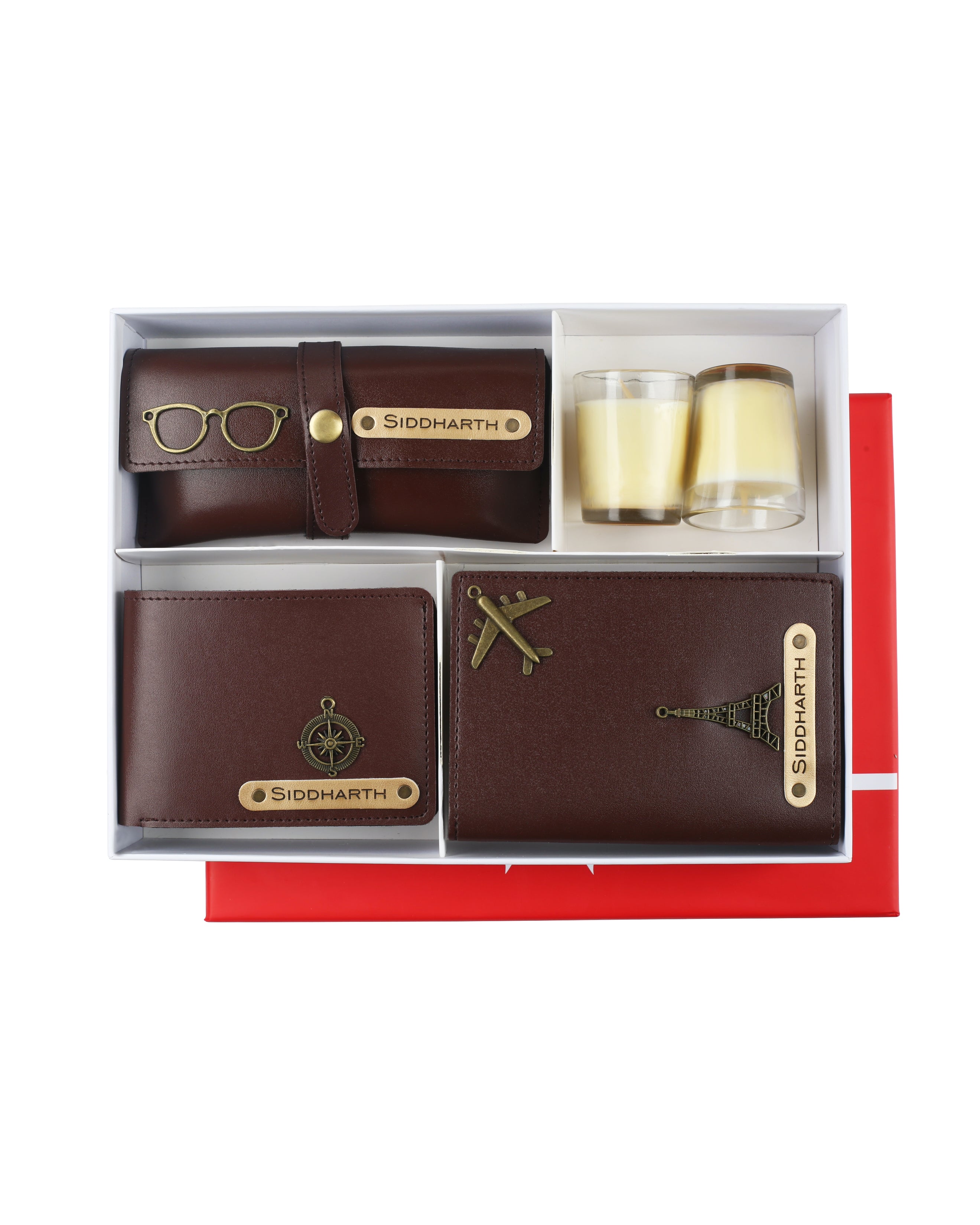 Aica Personalized Name & Charm Leather Men's Combo (Dark Brown)