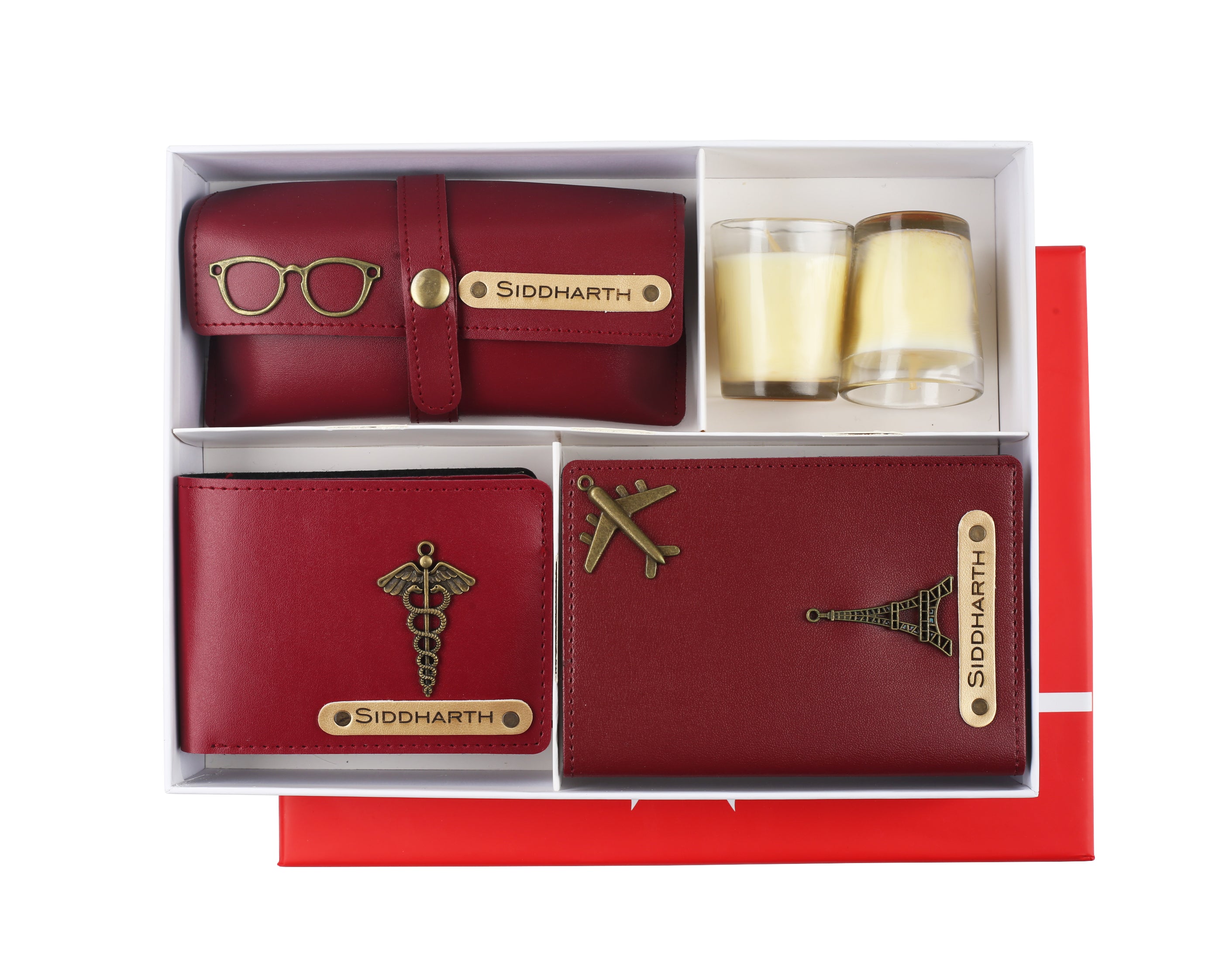 Aica Personalized Name & Charm Leather Men Combo (Wine)