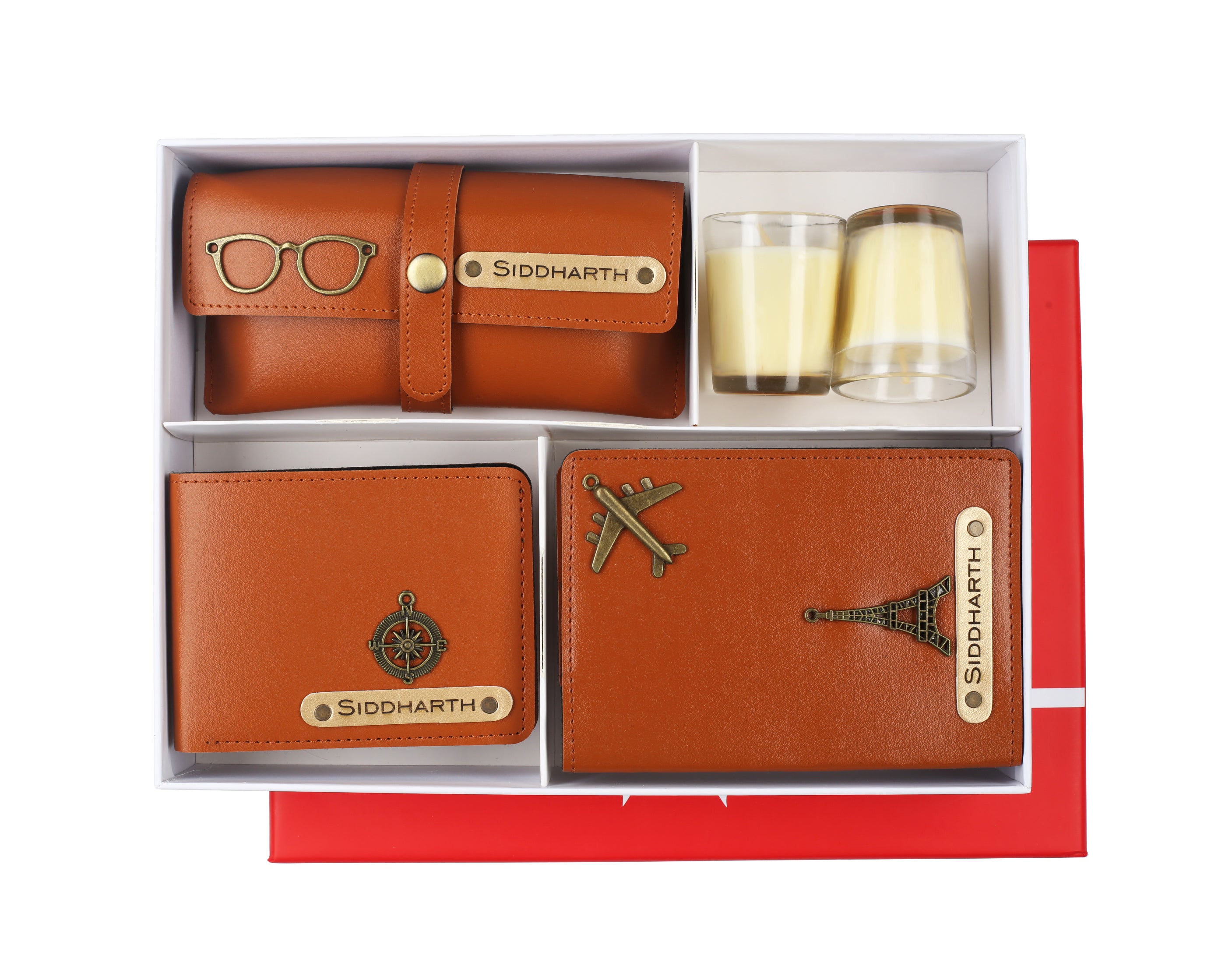 Aica Personalized Name & Charm Leather Men's Combo (Tan Brown)