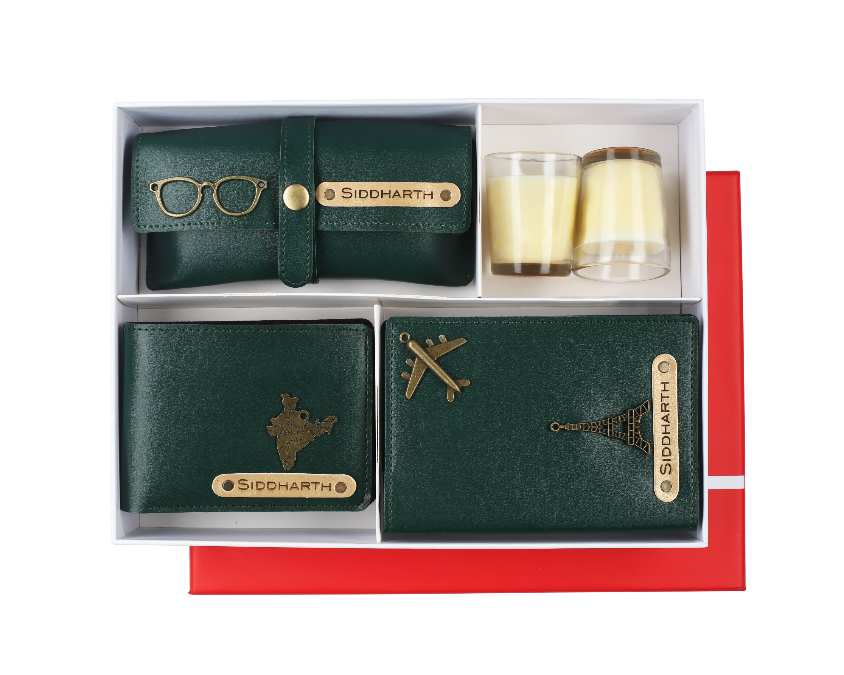 Aica Personalized Name & Charm Leather Men's Combo (Dark Green)