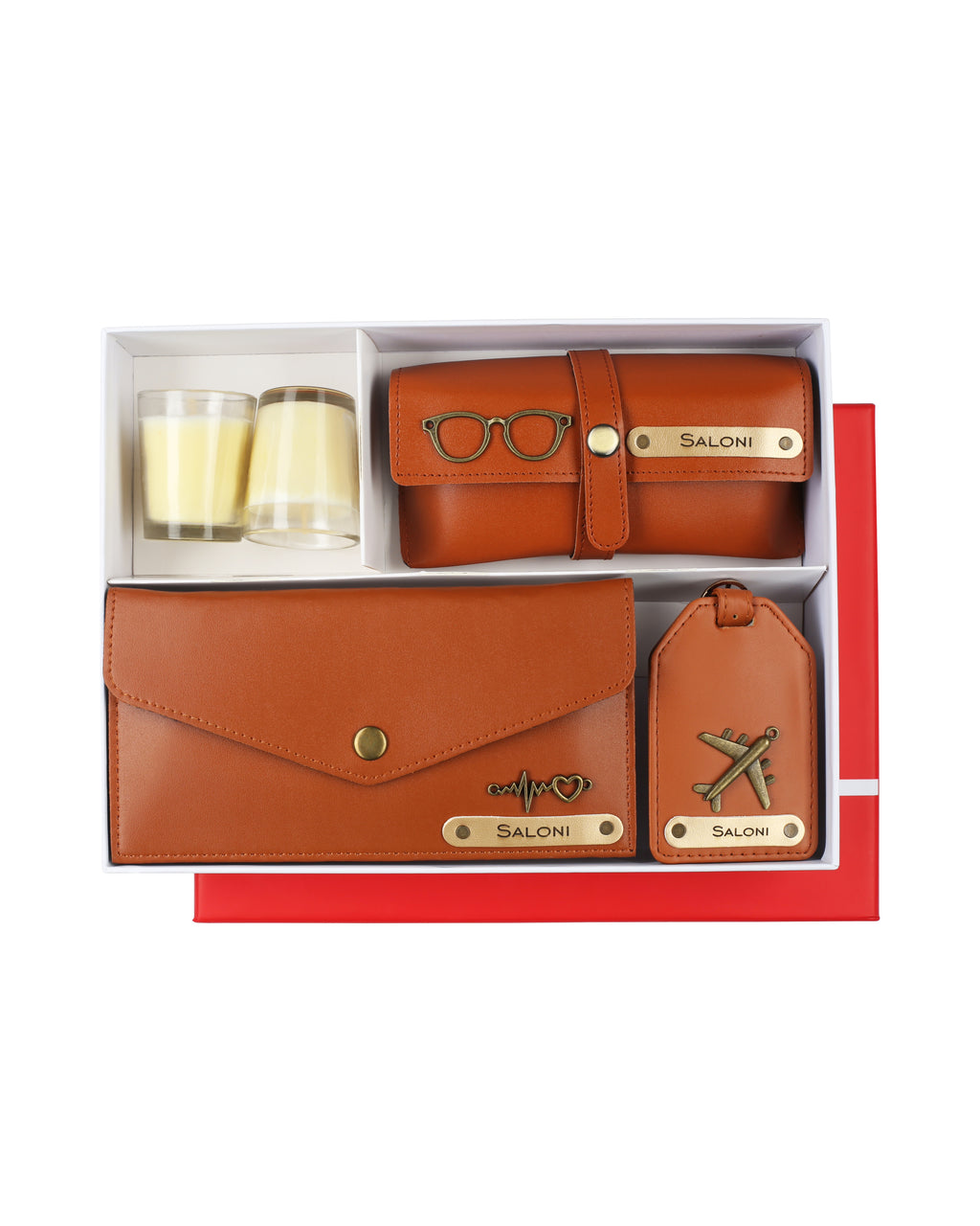 Aica Personalized Name & Charm Leather Women's Combo & Candle Giftset (Tan Brown)