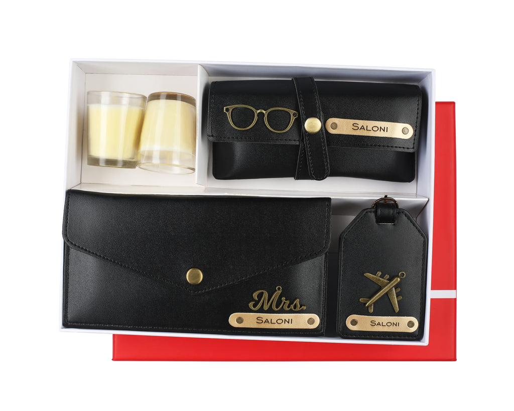 Aica Personalized Name & Charm Leather Women's Combo & Candle Giftset (Black)