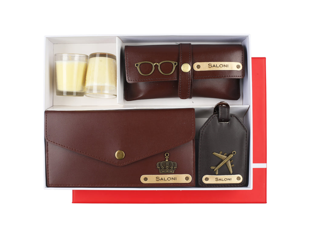 Aica Personalized Name & Charm Leather Women Combo & Candle Giftset (Dark Brown)