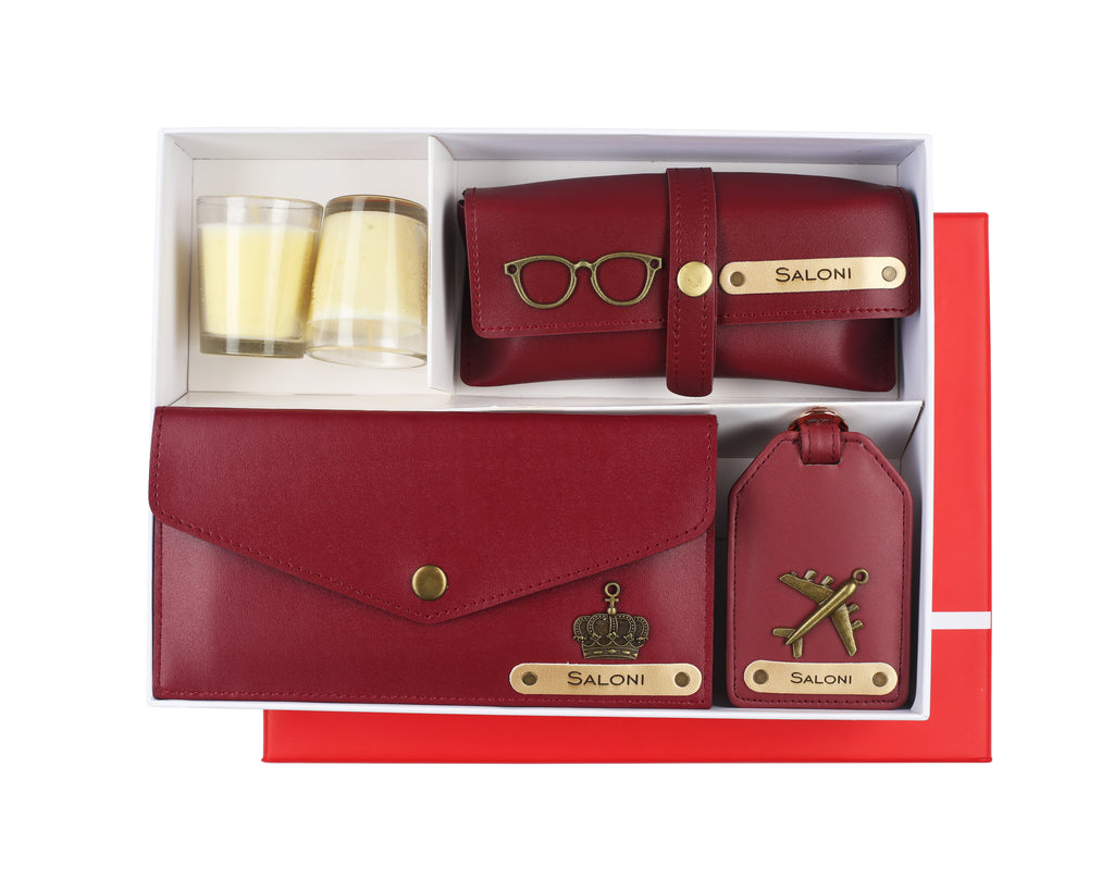 Aica Personalized Name & Charm Leather Women Combo & Candle Giftset (Wine)