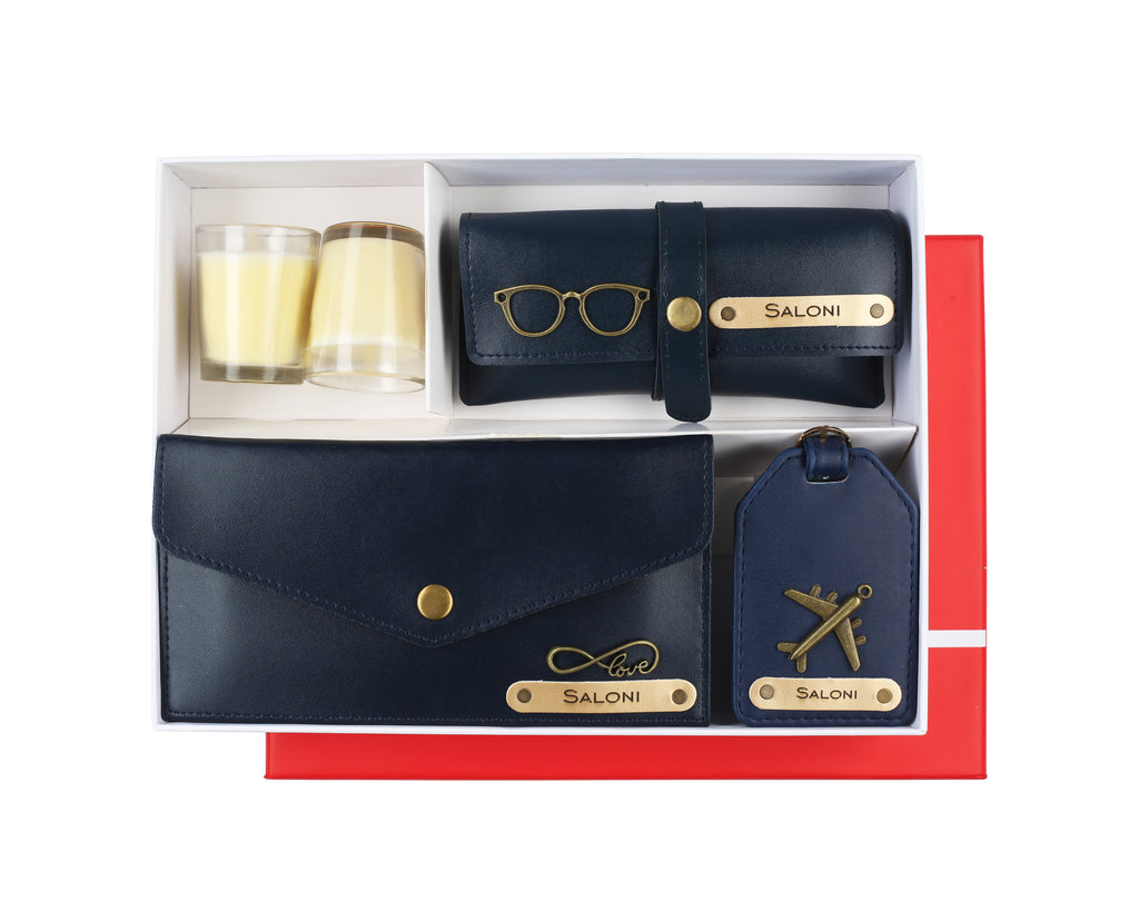 Aica Personalized Name & Charm Leather Women's Combo & Candle Giftset (Navy Blue)