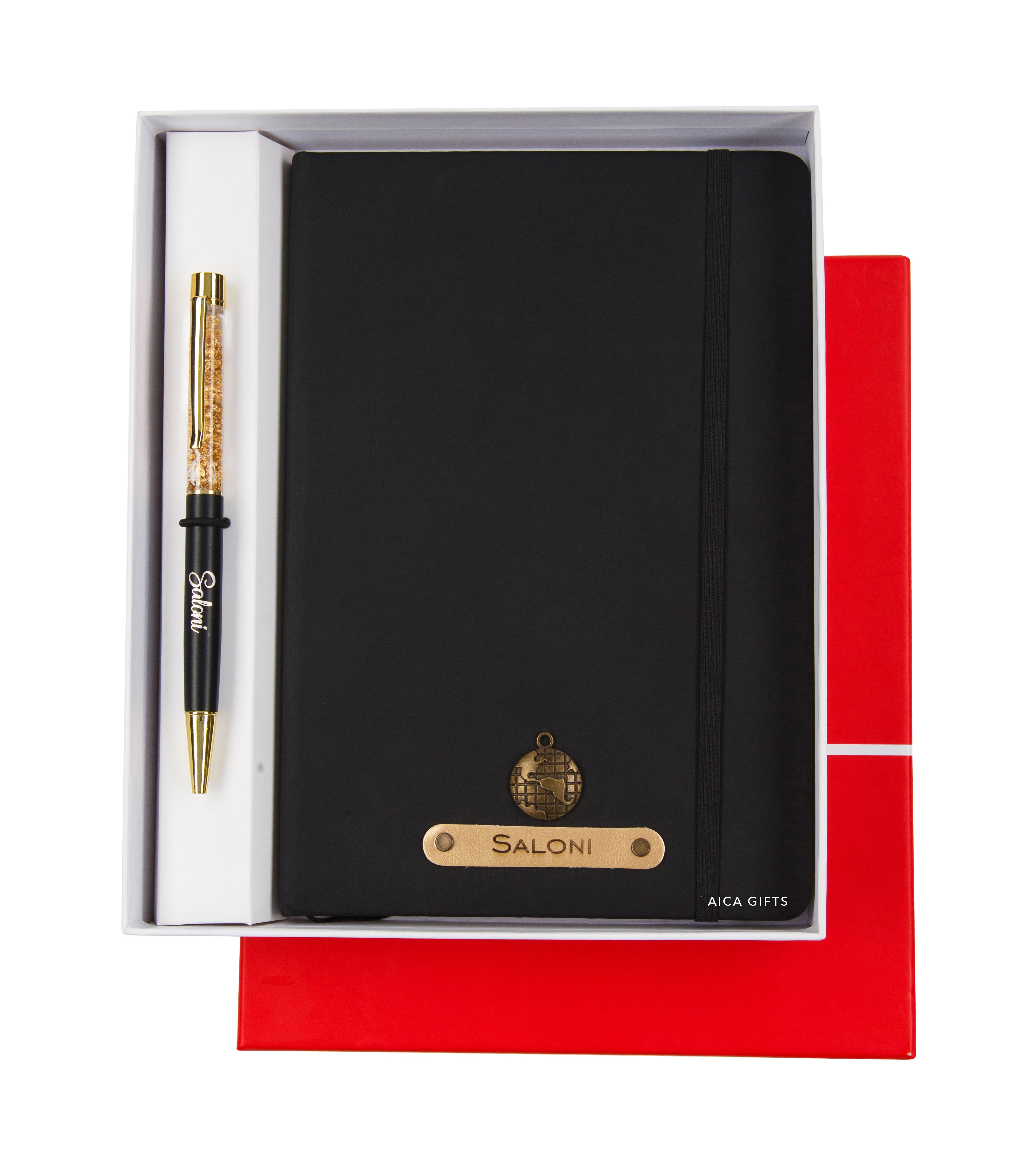 AICA Personalized Name & Charm Notebook Leather Diary - A5 Size, 180 Ruled Pages (Black) & Pen Golden for Men & Women