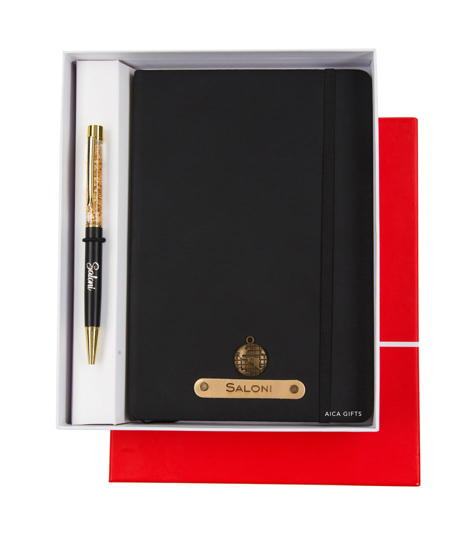 AICA Personalized Name & Charm Notebook Leather Diary - A5 Size, 180 Ruled Pages (Black) & Pen Golden for Men & Women