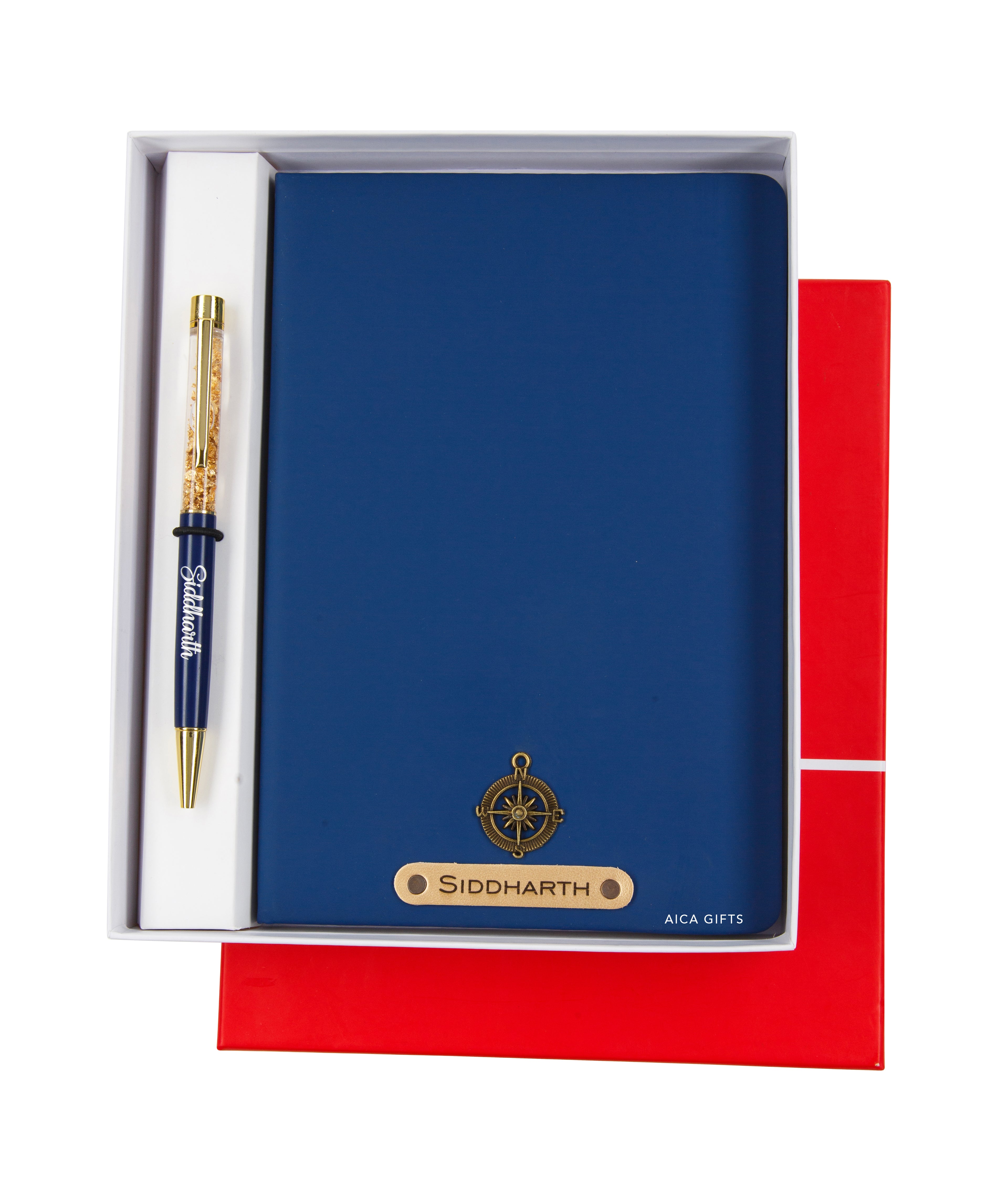 Aica Personalized Name & Charm Notebook Leather Diary - A5 Size, 180 Ruled Pages (Navy Blue) & Pen Golden Combo for Men & Women