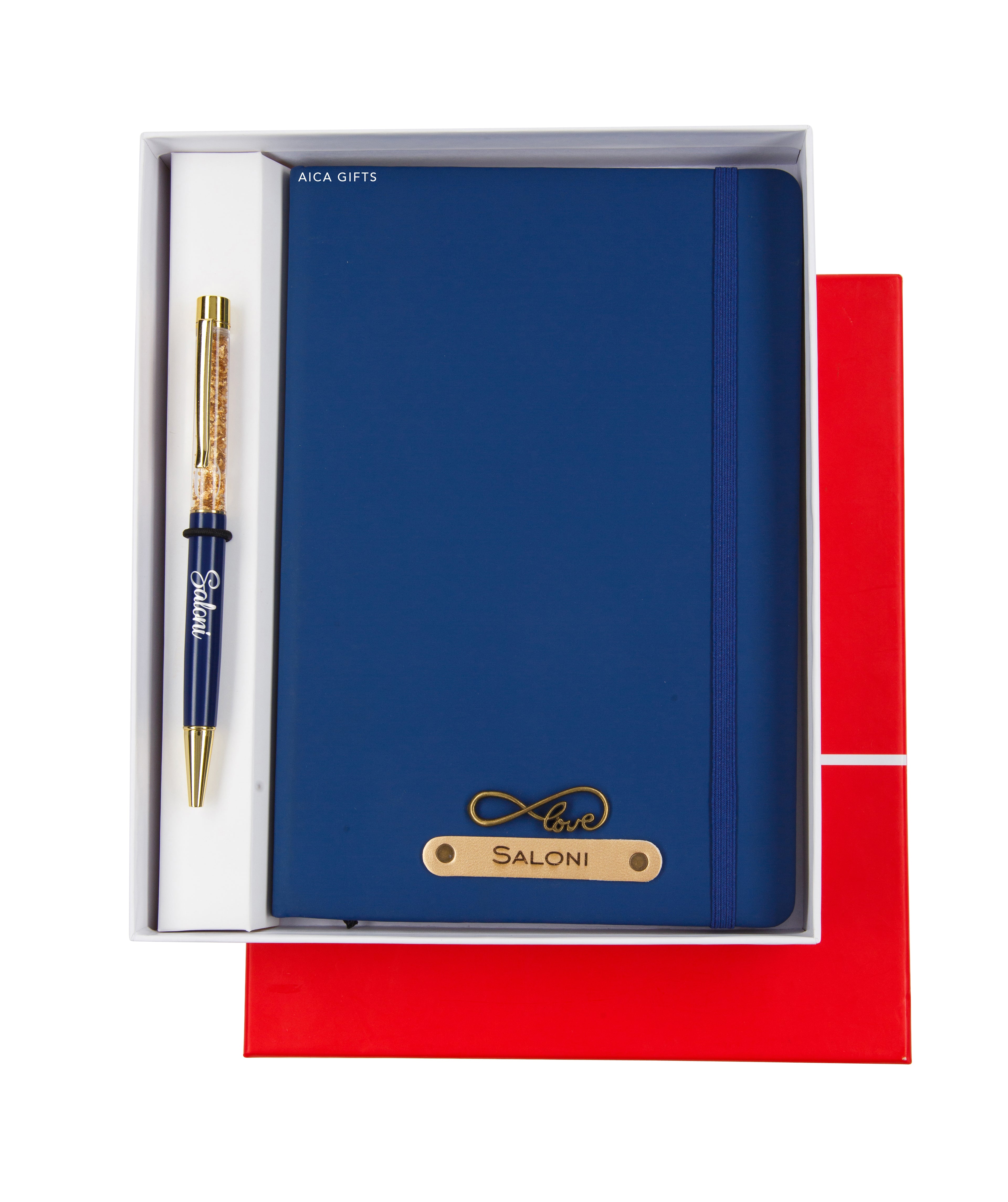 Aica Personalized Name & Charm Notebook Leather Diary - A5 Size, 180 Ruled Pages (Navy Blue) & Pen Golden Combo for Men & Women
