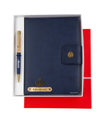 AICA Personalized Name & Charm Notebook Leather Diary - A5 Size, 200 Ruled Pages (Navy Blue) & Pen Golden Combo for Men & Women