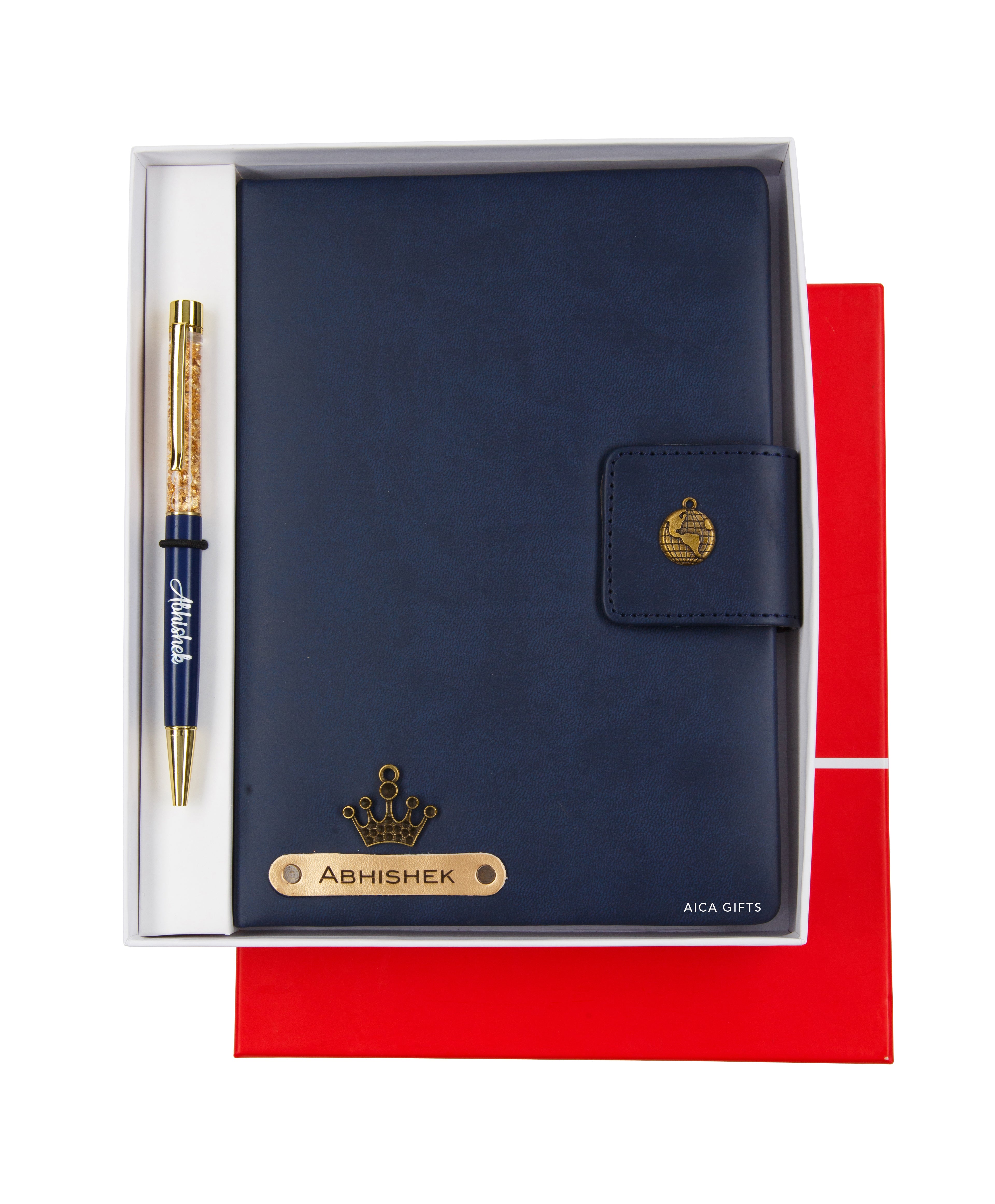 AICA Personalized Name & Charm Notebook Leather Diary - A5 Size, 200 Ruled Pages (Navy Blue) & Pen Golden Combo for Men & Women