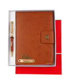 Aica Personalized Name & Charm Notebook Leather Diary - A5 Size, 200 Ruled Pages (Tan Brown) & Golden Pen Combo for Men & Women