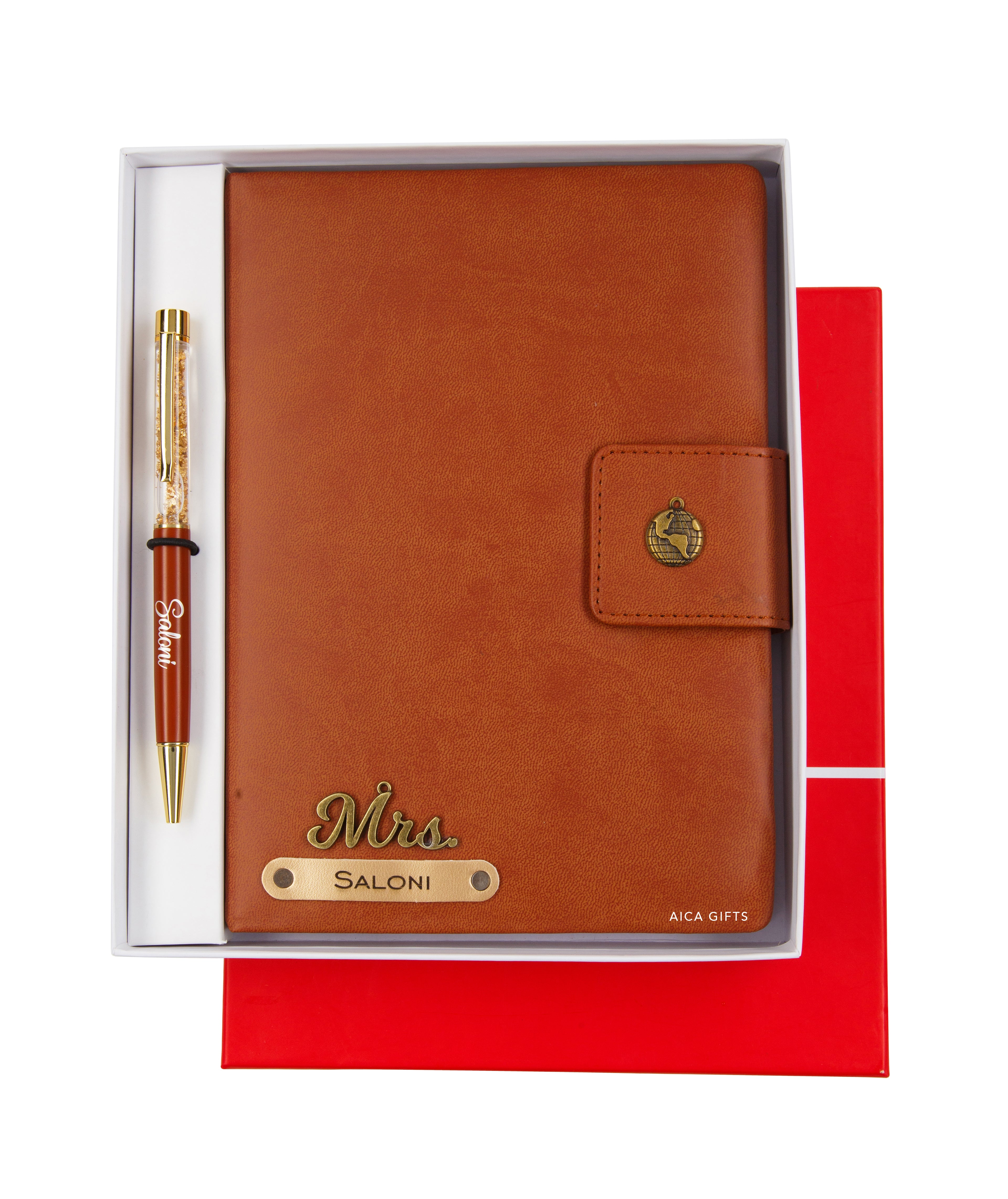 Aica Personalized Name & Charm Notebook Leather Diary - A5 Size, 200 Ruled Pages (Tan Brown) & Golden Pen Combo for Men & Women
