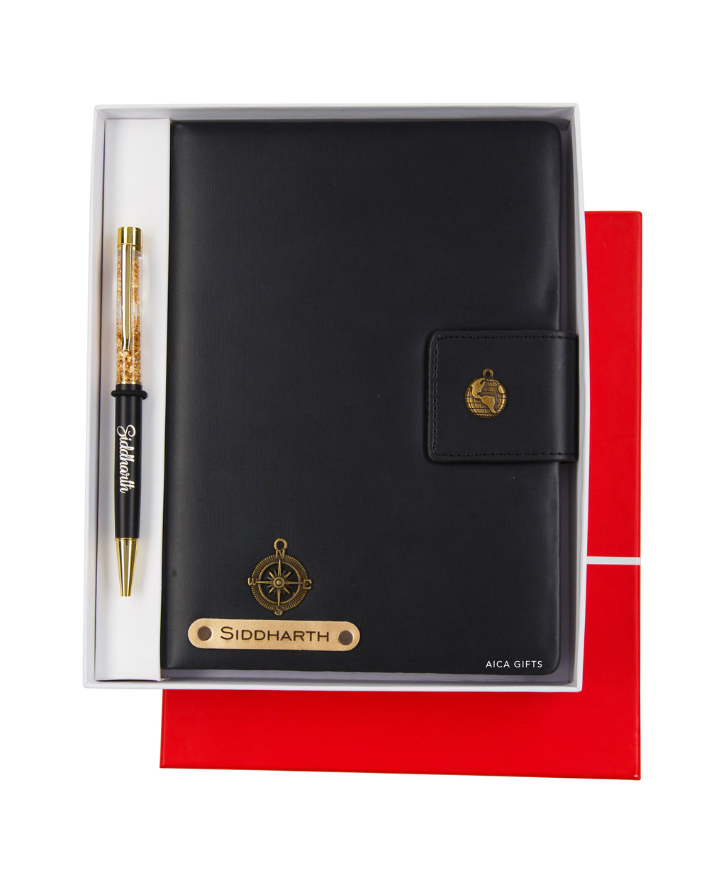 Aica Personalized Name & Charm Notebook Leather Diary - A5 Size, 200 Ruled Pages (Black) & Golden Pen Combo for Men & Women