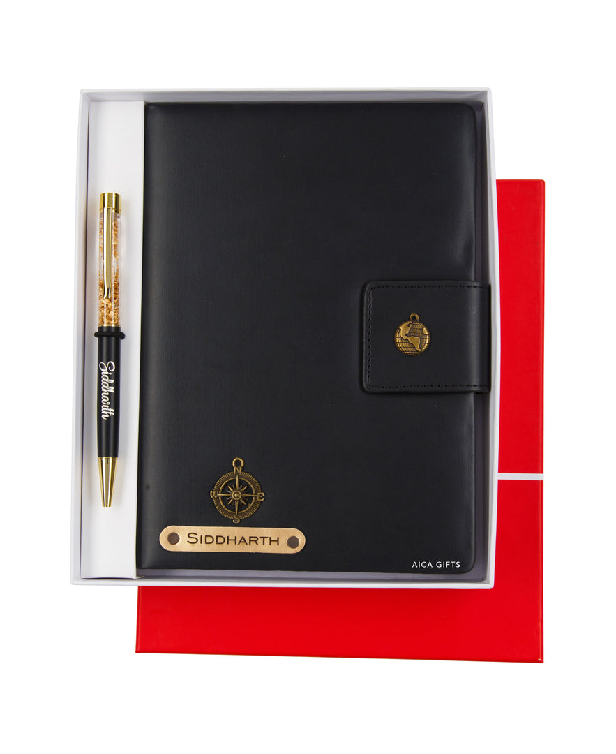 Aica Personalized Name & Charm Notebook Leather Diary - A5 Size, 200 Ruled Pages (Black) & Golden Pen Combo for Men & Women