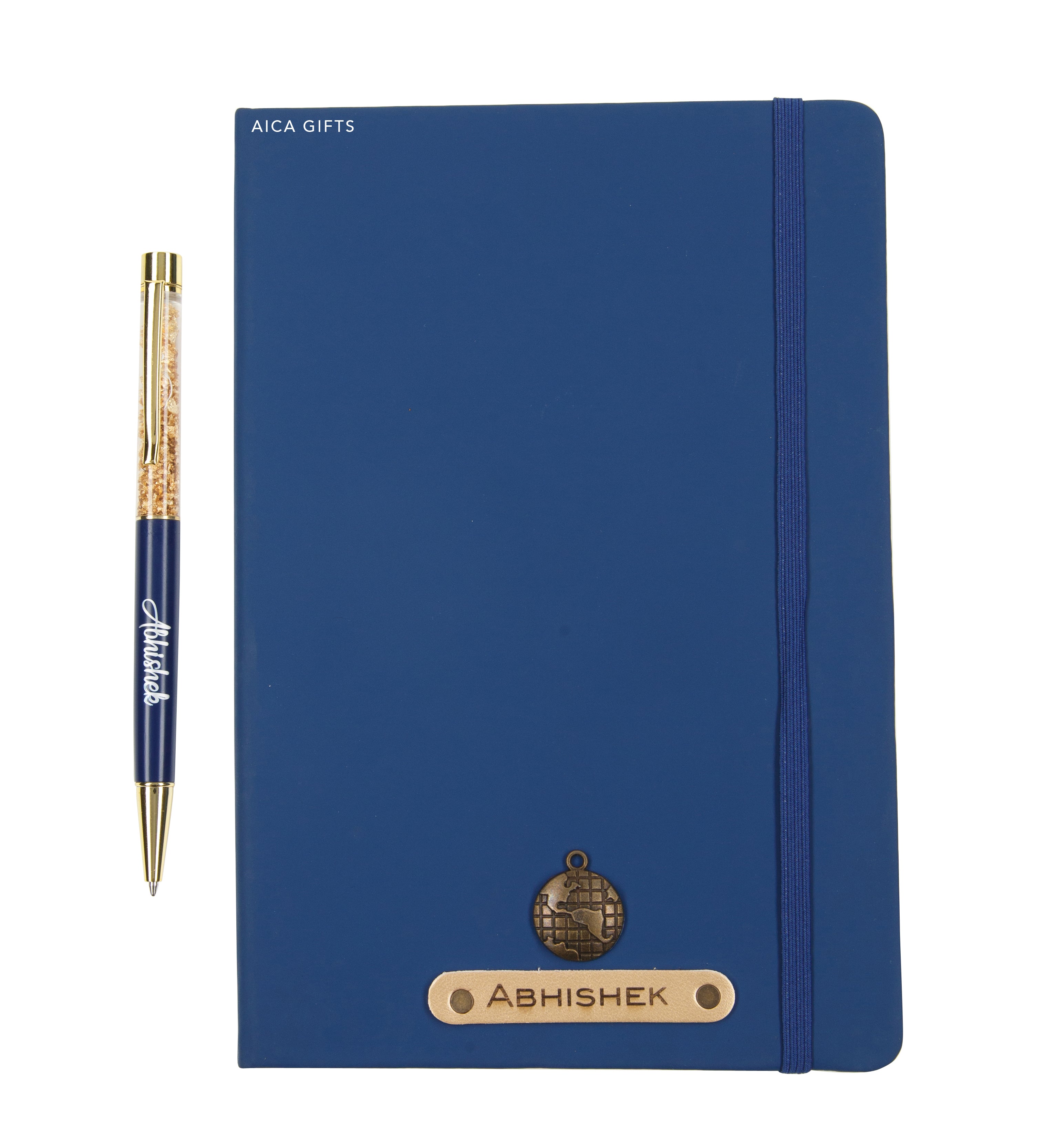 Aica Personalized Name & Charm Notebook Leather Diary - A5 Size, 180 Ruled Pages (Navy Blue) & Pen Golden Combo for Men & Women