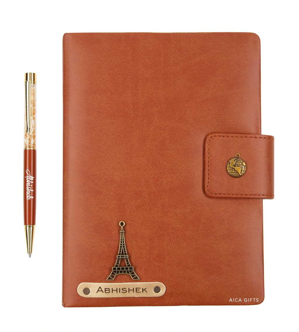 Aica Personalized Name & Charm Notebook Leather Diary - A5 Size, 200 Ruled Pages (Tan Brown) & Golden Pen Combo for Men & Women