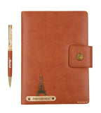 Aica Personalized Name & Charm Notebook Leather Diary - A5 Size, 200 Ruled Pages (Tan Brown) & Golden Pen Combo for Men & Women