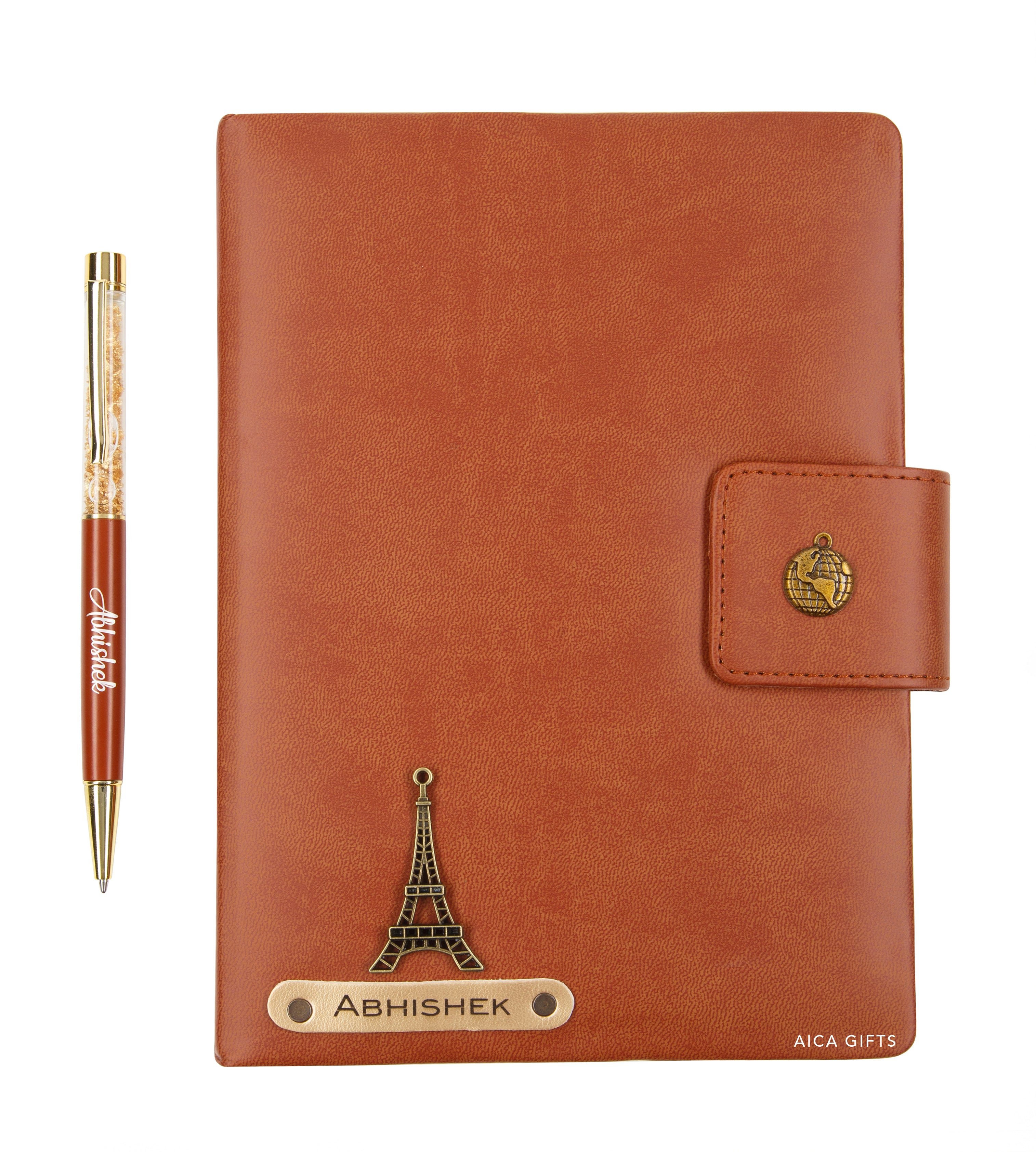 Aica Personalized Name & Charm Notebook Leather Diary - A5 Size, 200 Ruled Pages (Tan Brown) & Golden Pen Combo for Men & Women
