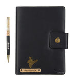 Aica Personalized Name & Charm Notebook Leather Diary - A5 Size, 200 Ruled Pages (Black) & Golden Pen Combo for Men & Women