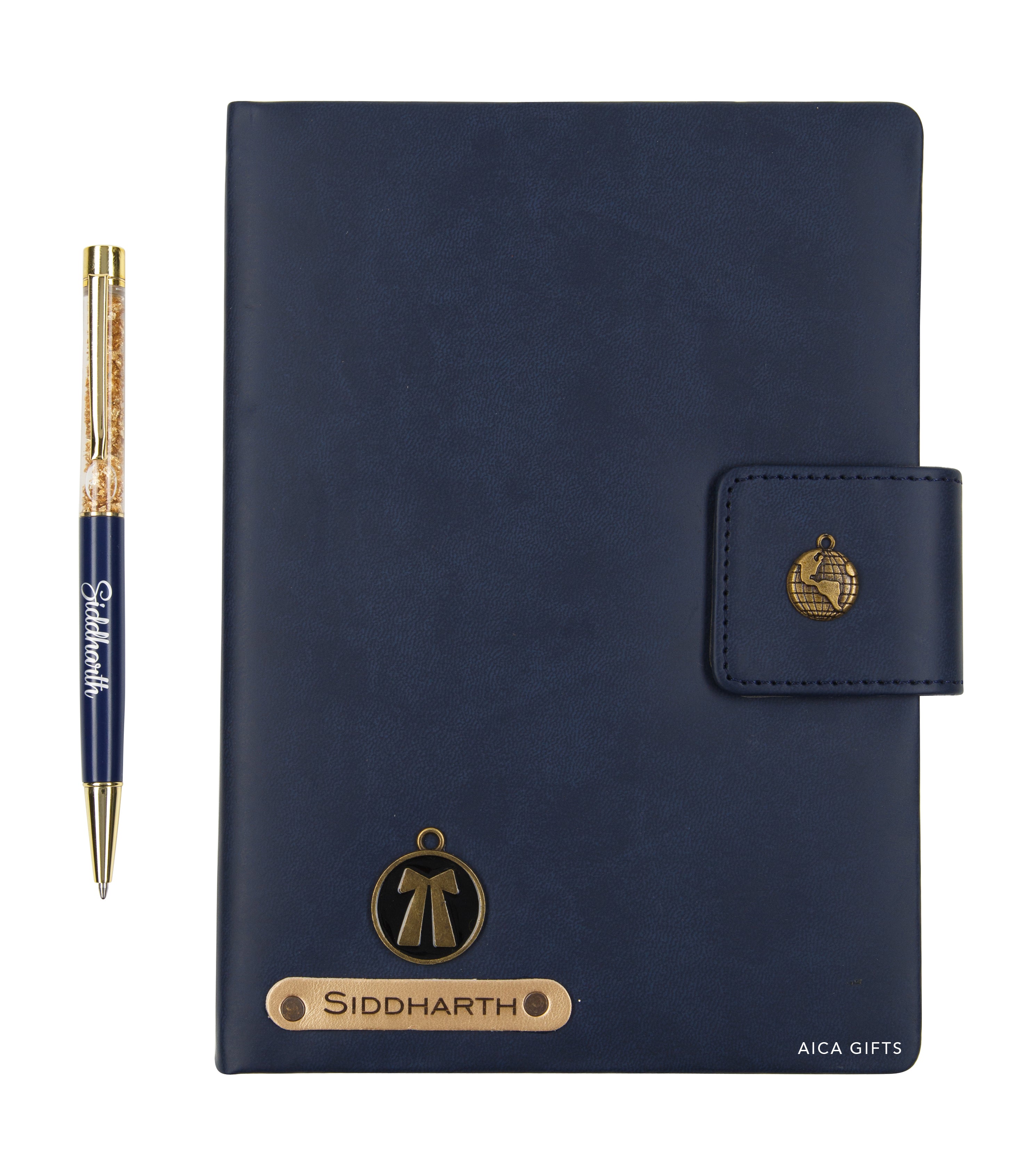 AICA Personalized Name & Charm Notebook Leather Diary - A5 Size, 200 Ruled Pages (Navy Blue) & Pen Golden Combo for Men & Women