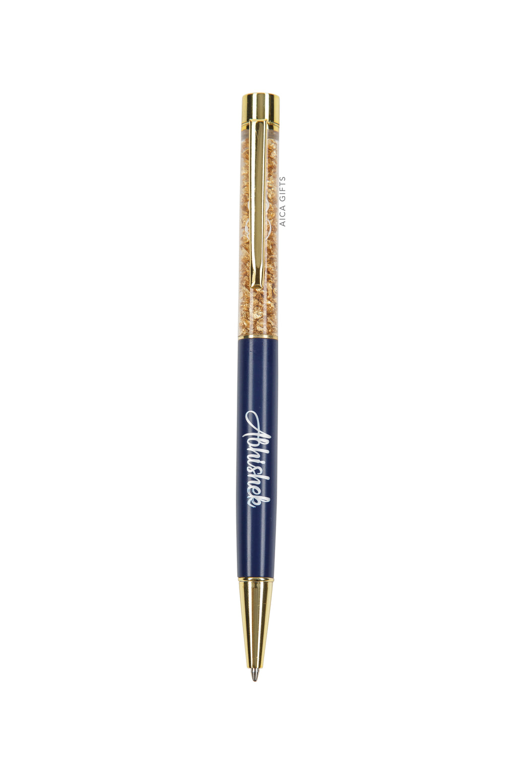 AICA Gifts Personalized Pens with Name Engraved I Golden Glitter Roller Ball Pen (Navy Blue)