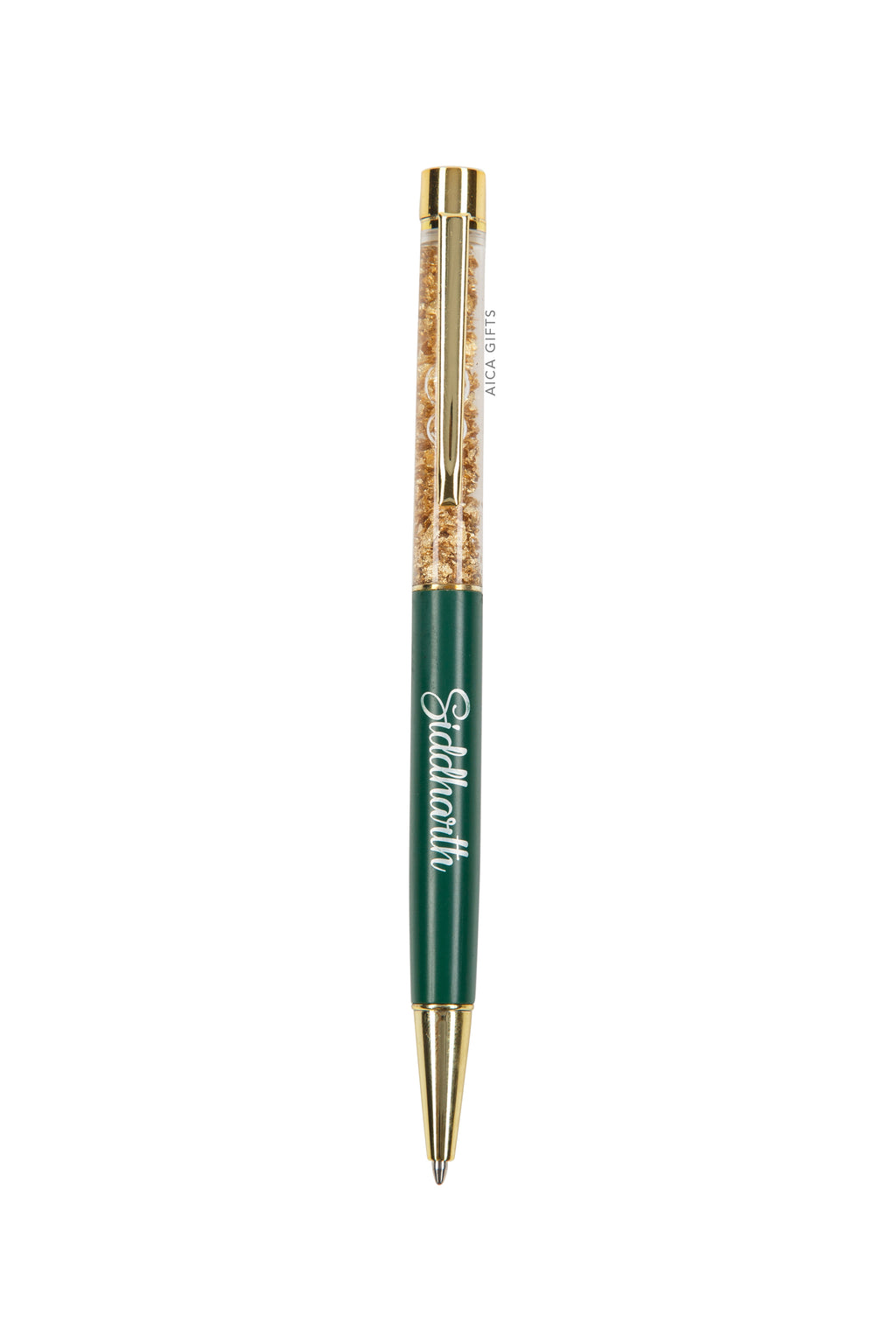 AICA Gifts Personalized Pens with Name Engraved I Golden Glitter Roller Ball Pen (Dark Green)