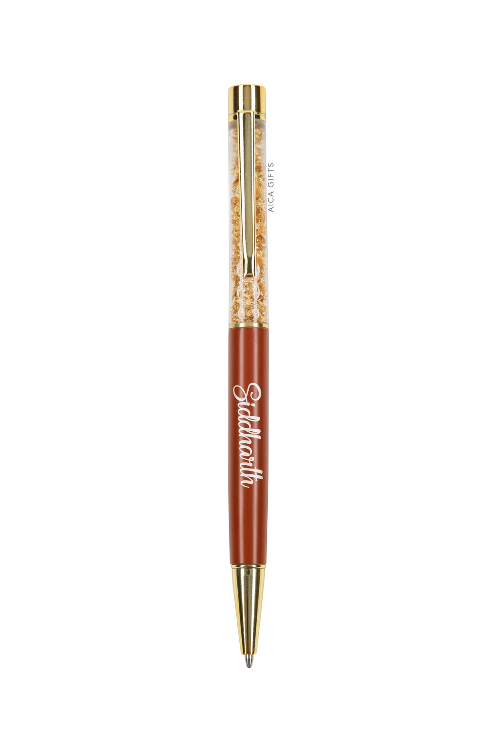 AICA Gifts Personalized Pens with Name Engraved I Golden Glitter Roller Ball Pen ( Tan Brown )