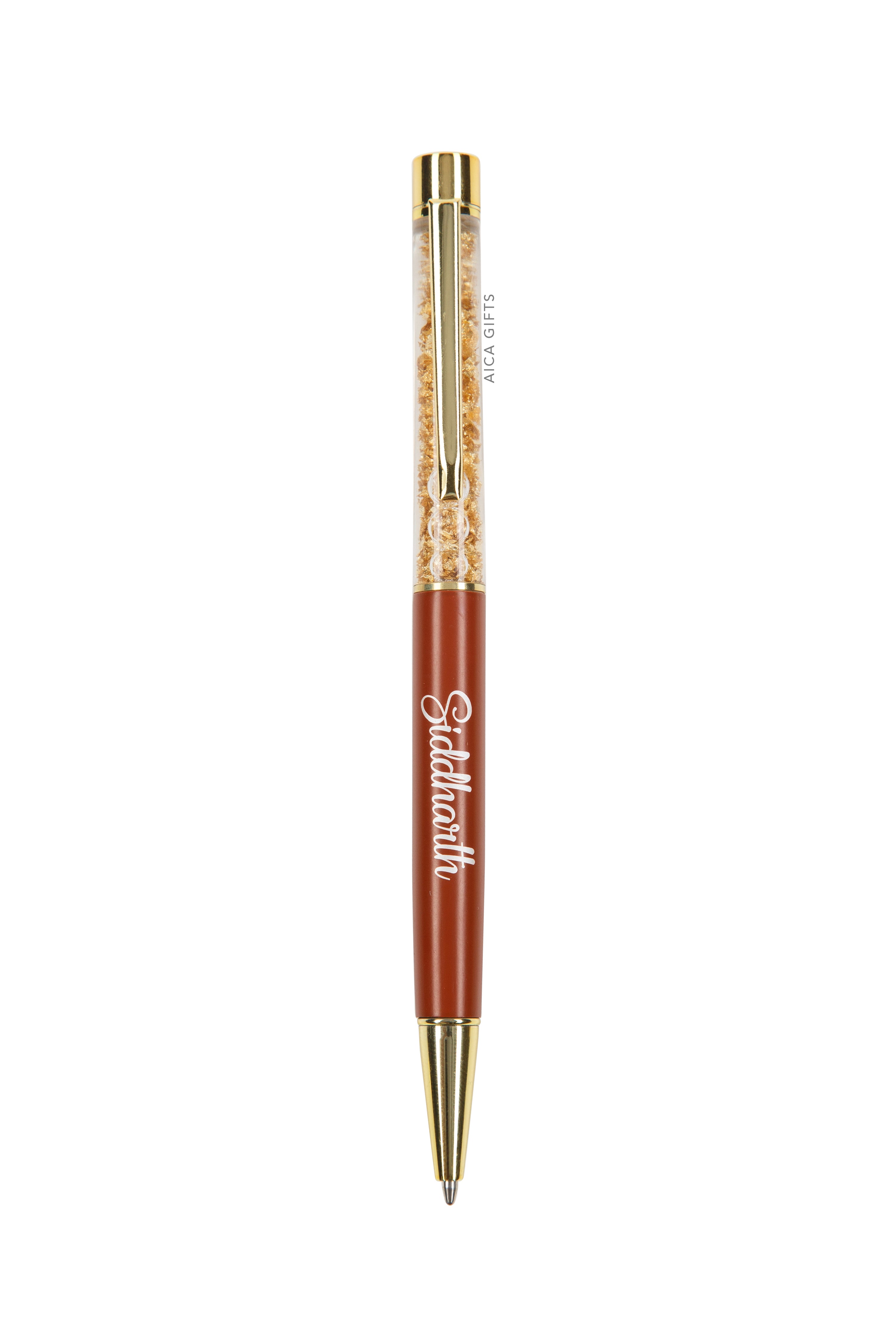 AICA Gifts Personalized Pens with Name Engraved I Golden Glitter Roller Ball Pen ( Tan Brown )
