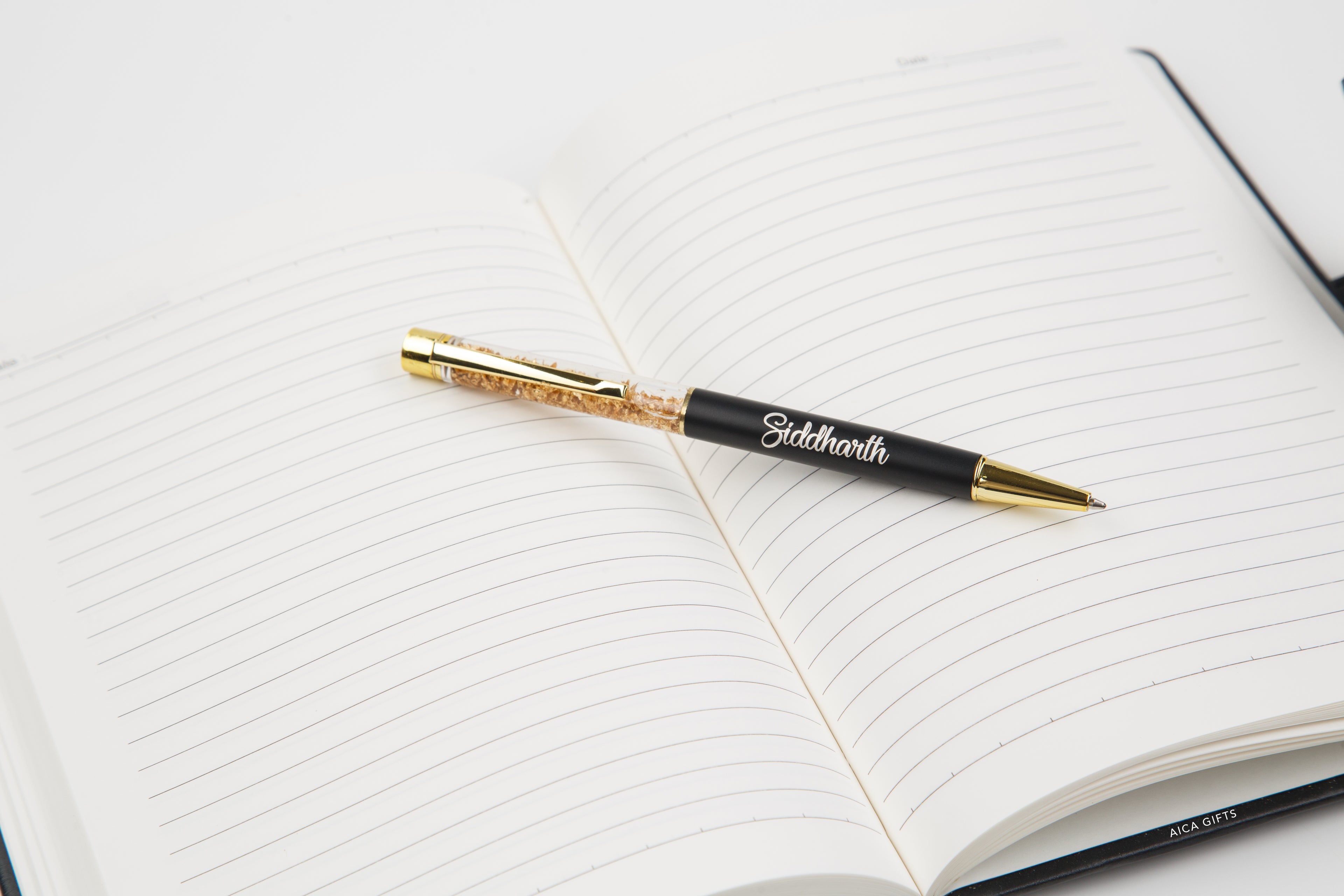 Aica Personalized Name & Charm Notebook Leather Diary - A5 Size, 200 Ruled Pages (Black) & Golden Pen Combo for Men & Women