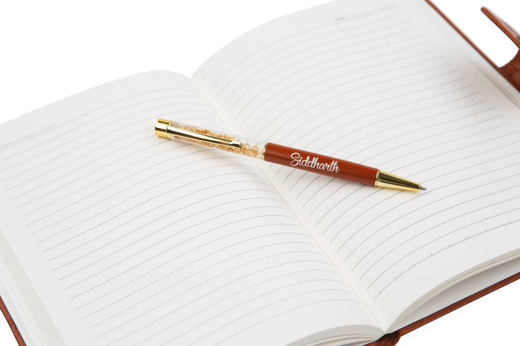 Aica Personalized Name & Charm Notebook Leather Diary - A5 Size, 200 Ruled Pages (Tan Brown) & Golden Pen Combo for Men & Women