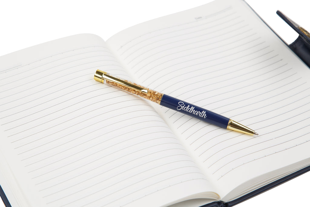 AICA Personalized Name & Charm Notebook Leather Diary - A5 Size, 200 Ruled Pages (Navy Blue) & Pen Golden Combo for Men & Women