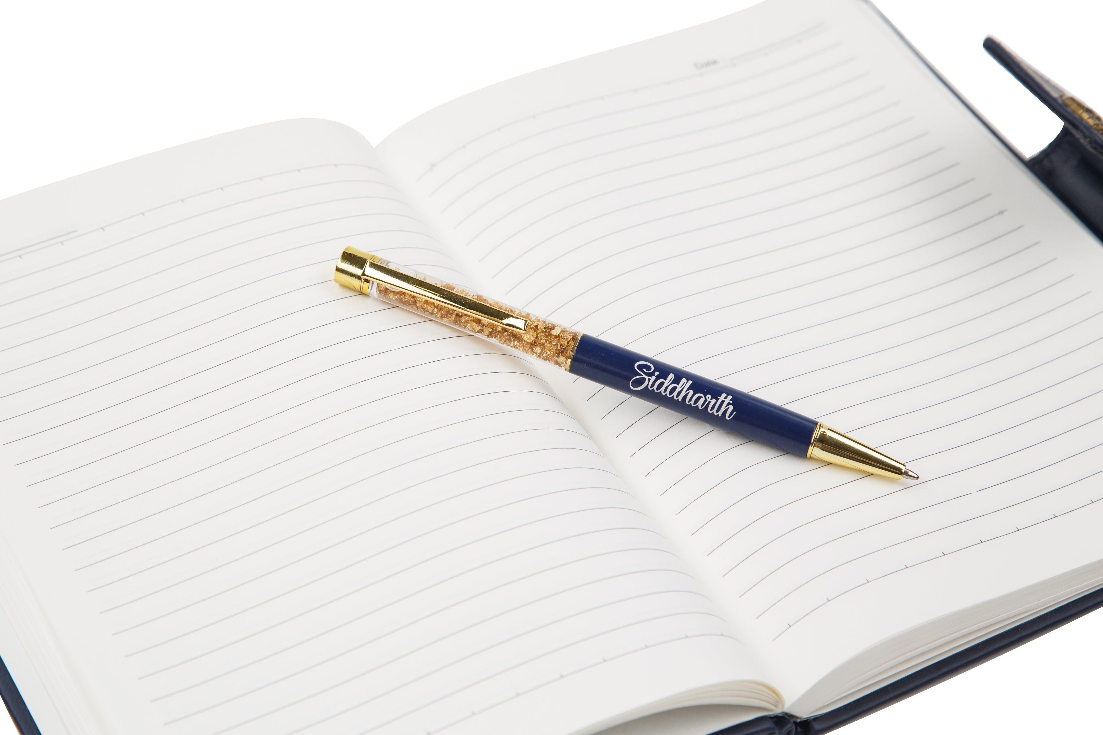 AICA Personalized Name & Charm Notebook Leather Diary - A5 Size, 200 Ruled Pages (Navy Blue) & Pen Golden Combo for Men & Women