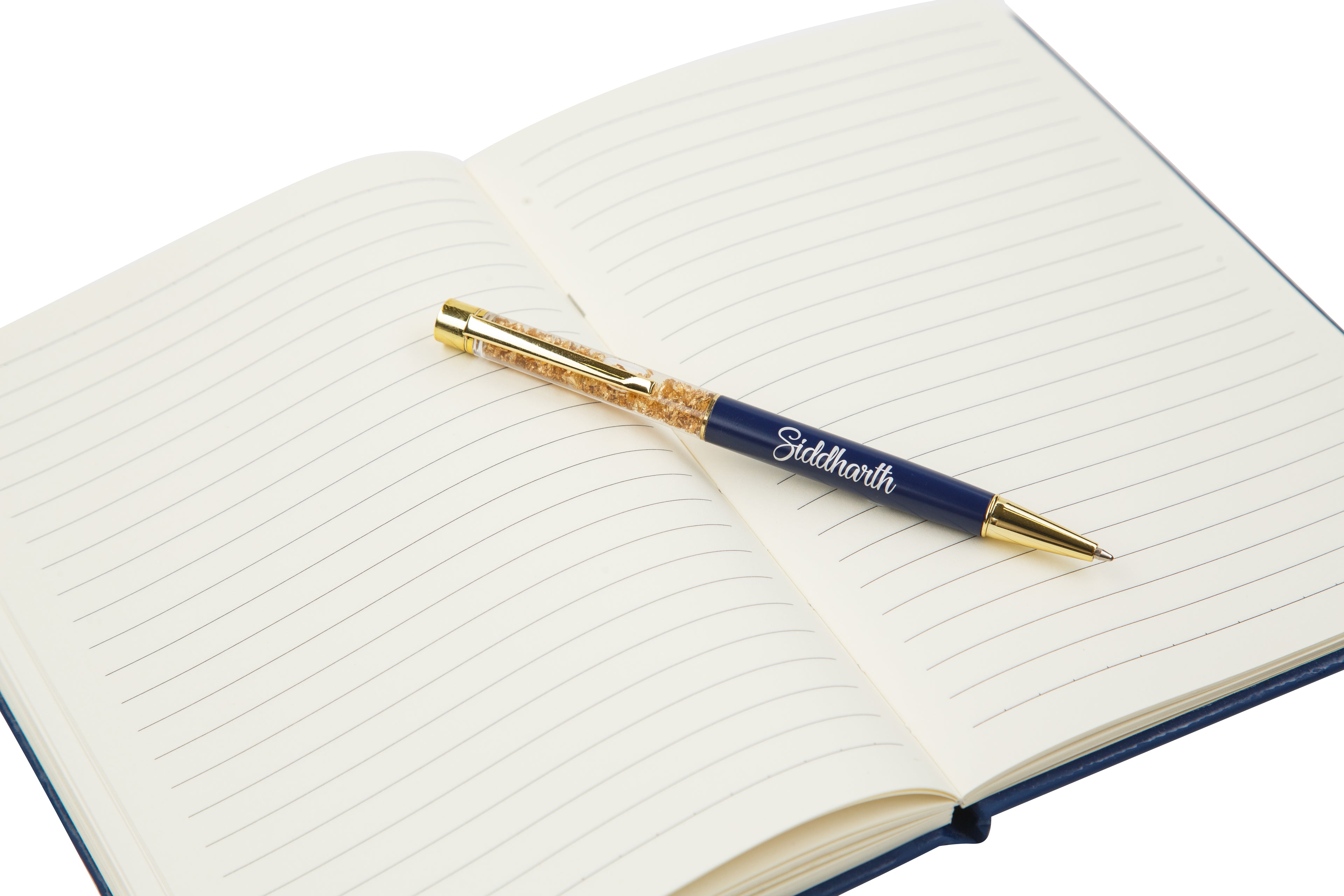 Aica Personalized Name & Charm Notebook Leather Diary - A5 Size, 180 Ruled Pages (Navy Blue) & Pen Golden Combo for Men & Women