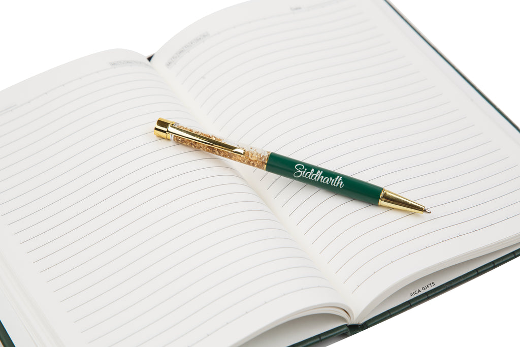 AICA Gifts Personalized Pens with Name Engraved I Golden Glitter Roller Ball Pen (Dark Green)