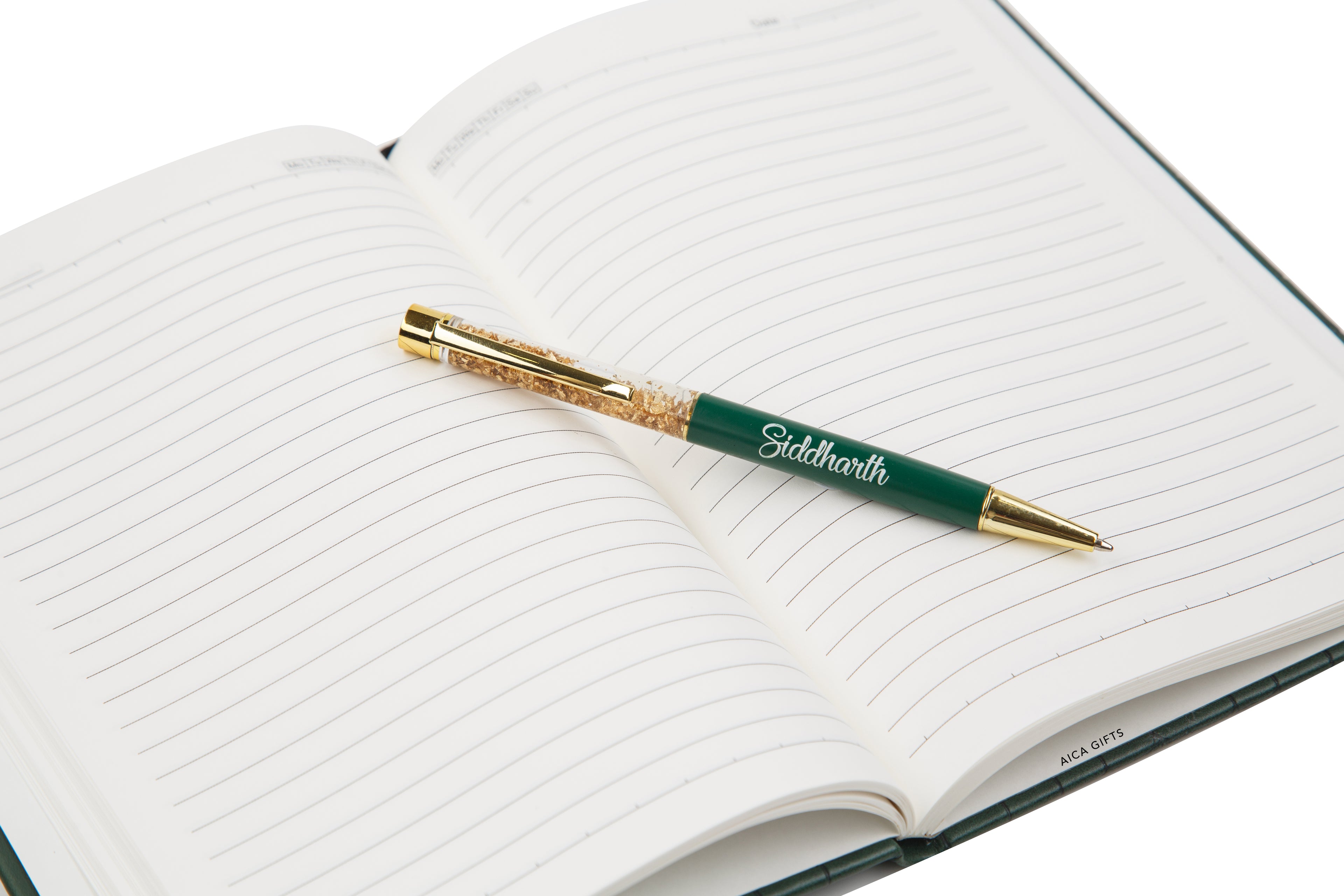 AICA Gifts Personalized Pens with Name Engraved I Golden Glitter Roller Ball Pen (Dark Green)